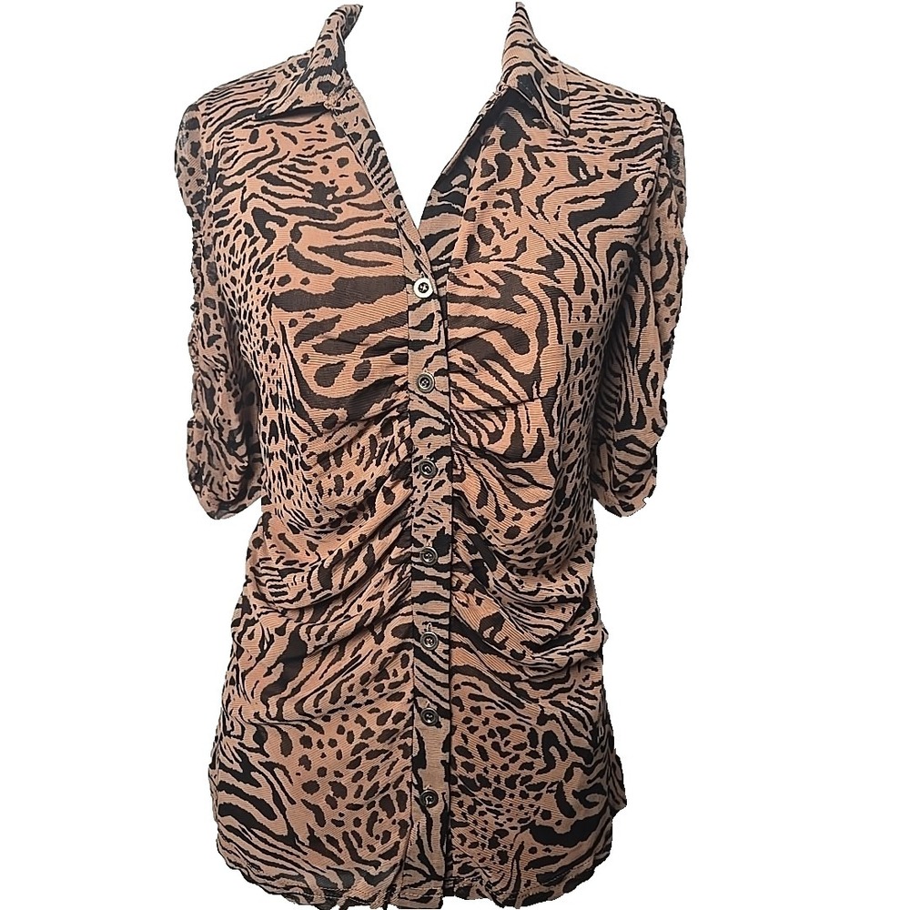 Jane and Delancey Brown and Black Animal-Print Ruched Button Front Blouse